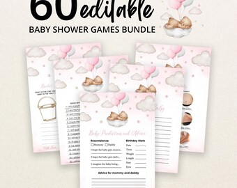 May include: A bundle of 60 editable baby shower game cards featuring a watercolor design of a teddy bear on a cloud with pink and gray balloons and stars. The cards include text such as Baby Predictions and Advice, with blank lines for writing.