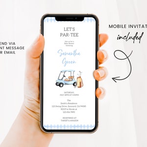 May include: A mobile phone screen displaying a baby shower invitation for Samantha Green. The invitation features a blue and white gingham pattern, a cartoon golf cart, and the text "Let's Par-Tee".