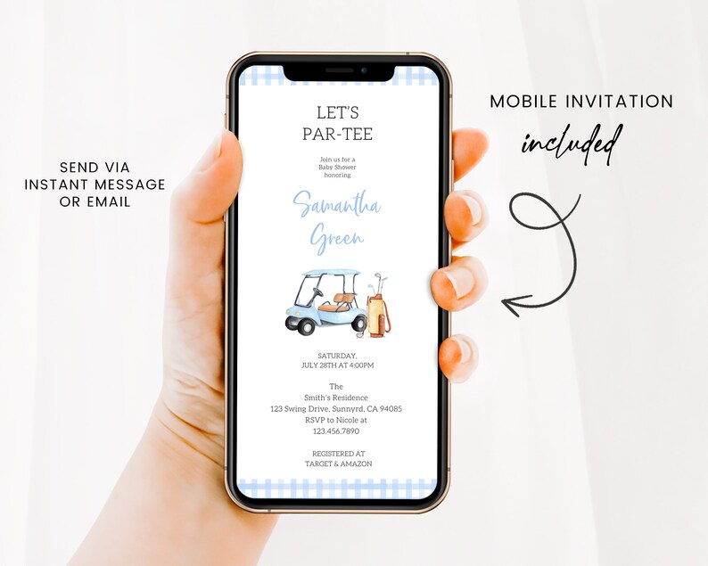 May include: A mobile phone screen displaying a baby shower invitation for Samantha Green. The invitation features a blue and white gingham pattern, a cartoon golf cart, and the text "Let's Par-Tee".