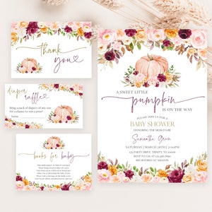 Editable Burgundy Little Pumpkin Baby Shower Invitation Bundle, Fall Floral Pumpkin Baby Shower Invite, Girl Pumpkin Baby Shower, BBS474