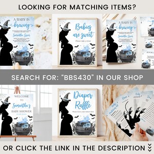 May include: A set of printable Halloween baby shower decorations featuring a witch silhouette holding a cauldron with blue and white accents. The text on the signs reads "A baby is brewing", "Babies are sweet", "Diaper Raffle", "Welcome to Samantha's Baby Shower", and "Books for Baby".