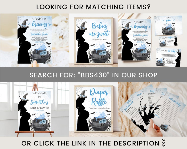 May include: A set of printable Halloween baby shower decorations featuring a witch silhouette holding a cauldron with blue and white accents. The text on the signs reads "A baby is brewing", "Babies are sweet", "Diaper Raffle", "Welcome to Samantha's Baby Shower", and "Books for Baby".