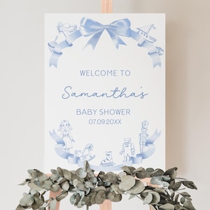 Editable Toile De Jouy Blue Baby Shower Welcome Sign, Boy Blue Toile Poster, Dusty Blue Shower Poster, Nursery Toile BBS1069