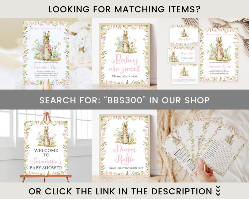 Pu&ograve; includere: Un set di decorazioni per baby shower stampabili con un'illustrazione ad acquerello di Peter Rabbit. Le decorazioni includono un cartello di benvenuto, un cartello per la lotteria dei pannolini, un cartello che dice "I bambini sono dolci, prendi un dolcetto", e un set di carte da gioco. Le decorazioni sono in rosa, verde e bianco.