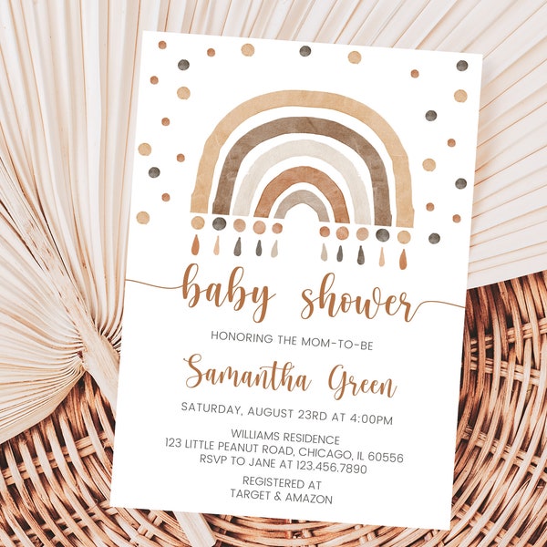 Editable Boho Rainbow Baby Shower Invitation, Rustic Rainbow Baby Shower Invite, Gender Neutral Rainbow Baby Shower, BBS638