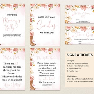 Op de afbeelding: Een set baby shower spelkaarten en borden met bloemenranden en illustraties van cowboylaarzen. De tekst bevat How Big is Mommy's Belly, Guess How Many Candies, Pacifier Hunt en My Water Broke, samen met instructiekaarten voor gasten om hun namen en gokjes in te vullen.