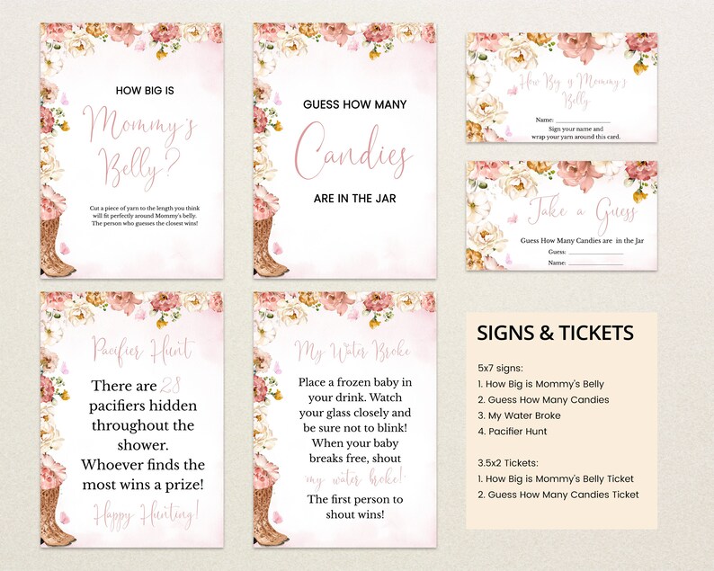 Op de afbeelding: Een set baby shower spelkaarten en borden met bloemenranden en illustraties van cowboylaarzen. De tekst bevat How Big is Mommy's Belly, Guess How Many Candies, Pacifier Hunt en My Water Broke, samen met instructiekaarten voor gasten om hun namen en gokjes in te vullen.