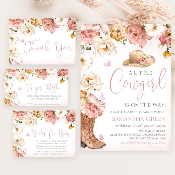 Editable A Little Cowgirl Baby Shower Invitation Bundle, Wild West Baby Shower Invite, Pink Floral Cowboy Shower Invite, Rodeo Baby BBS710