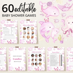 Pacchetto di giochi modificabili per baby shower &quot;Girl Under the Sea&quot;, pacchetto di giochi per baby shower &quot;Ocean Baby Shower&quot;, giochi rosa per baby shower &quot;Nautical&quot;, BBS414