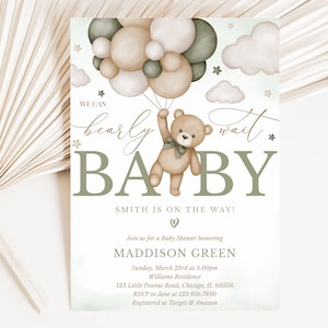 Invito modificabile per baby shower a tema orso neutro, invito per baby shower "We Can Bearly Wait", invito per baby shower a tema orso boho verde, orso neutro, BBS390