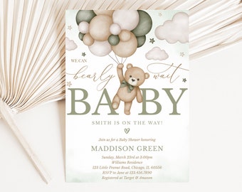 Editable Gender Neutral Bear Baby Shower Invitation, We Can Bearly Wait Baby Shower Invite, Green Boho Bear Baby Shower, Neutral Bear,BBS390