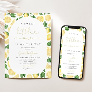 May include: A lemon-themed baby shower invitation with a white background and yellow lemons with green leaves. The text reads "A Sweet Little One Is On The Way" and includes the date, time, and location of the event. The invitation also includes the name of the person being honoured, Samantha Green, and the RSVP information.