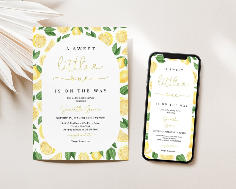May include: A lemon-themed baby shower invitation with a white background and yellow lemons with green leaves. The text reads "A Sweet Little One Is On The Way" and includes the date, time, and location of the event. The invitation also includes the name of the person being honoured, Samantha Green, and the RSVP information.