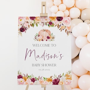 Editable Burgundy Little Pumpkin Baby Shower Welcome Sign, Fall Floral Pumpkin Baby Shower Poster, Girl Pumpkin Baby Shower Decors, BBS474