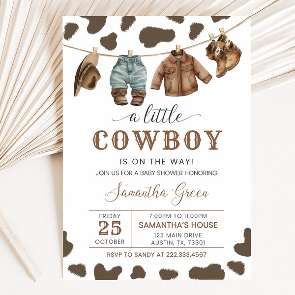 Editable A Little Cowboy Baby Shower Invitation, Wild West Baby Shower Invite, Brown Cowboy Baby Shower Invitation, Rodeo Baby BBS719