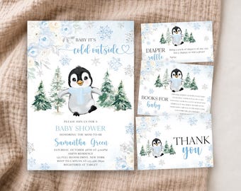 May include: A baby shower invitation set featuring a watercolor penguin wearing a light blue scarf, surrounded by pine trees, snowflakes, and blue floral accents. The text includes Baby It's Cold Outside, Baby Shower, Diaper Raffle, Books for Baby, and Thank You.