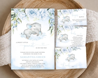 May include: A baby shower invitation set featuring a watercolor illustration of a sleeping elephant and blue roses. The text reads A SWEET LITTLE peanut IS ON THE WAY, SAMANTHA GREEN, SATURDAY, JULY 28TH AT 2:00PM, SMITH'S RESIDENCE, 1104 PARTY DRIVE, TRINITY, NEW YORK.