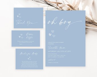 Editable Blue Minimalist Oh Boy Baby Shower Invitation Bundle, Oh Boy Baby Shower Invite, Boy Pastel Blue Baby Shower Invite, BBS1041