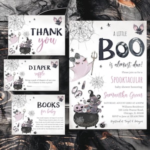 Editable Purple Girl Spooky Ghost Halloween Baby Shower Invitation Bundle, Spooktacular Baby Shower, Little Boo Baby Shower Invite, BBS776