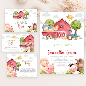 Bewerkbare meisjesboerderij babyshower uitnodigingsbundel, groen boerderij babydouche uitnodigingspakket, boerderij boerenerf babyshower uitnodigen, BBS1016