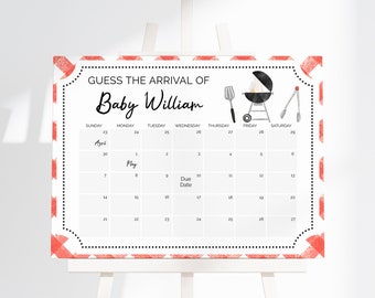 May include: A white calendar sign on an easel with a red and white checkered border. The text reads "Guess the Arrival of Baby William." The calendar grid includes dates and spaces for marking the due date.