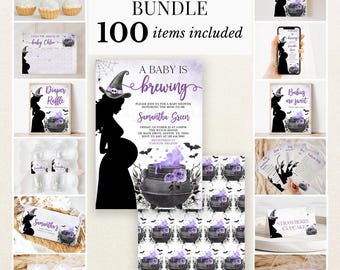 Editable A Baby is Brewing Purple Halloween Baby Shower Bundle, Girl Halloween Baby Shower Invitation Pack, Witch Shower Game Package,BBS432