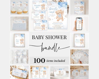 Editable Blue Bear Flying Balloon Baby Shower Bundle, We Can Bearly Wait Shower Invitation Pack, Blue Boy Boho Bear Games Package, BBS650