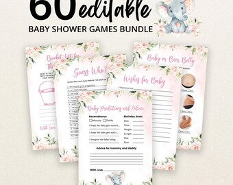 May include: A bundle of 60 editable baby shower game cards featuring a watercolor elephant and floral design. The cards include titles like Bucket List for Baby, Guess Who, Wishes for Baby, and Baby Predictions and Advice with pink text.