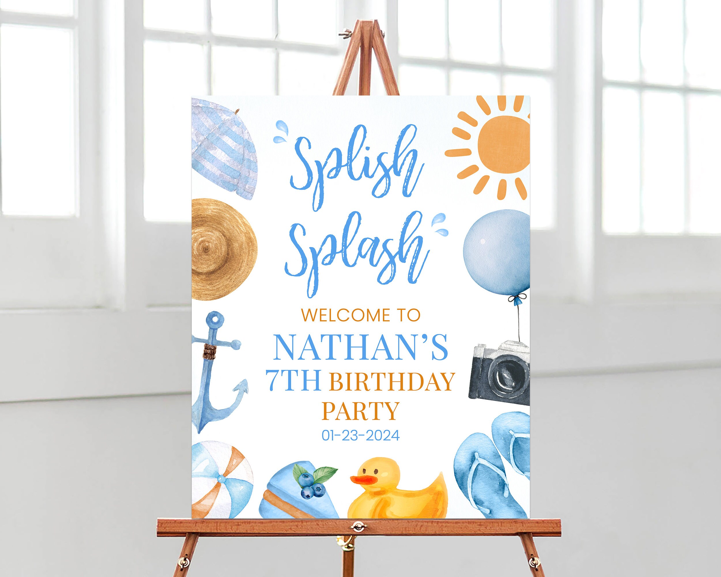 Editable Splish Splash Beach Bash Birthday Welcome Sign, Blue Summer Birthday Beach Pool Poster, Birthday Summer Boy Birthday Decor, BRT135