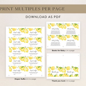 May include: White baby shower stationery with lemon illustrations. Includes "Diaper Raffle" cards, "Books for Baby" cards, and "Thank You" cards. The text "Print Multiples Per Page" and "Download as PDF" are at the top.