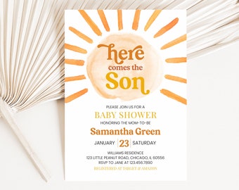 Faire-part de baby shower modifiable soleil, invitation de shower de bébé voici le fils, douche de garçon Sonshine, douche de soleil Boho, BBS739