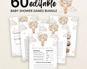 May include: A bundle of 60 editable baby shower game cards featuring a teddy bear in a hot air balloon made of beige and white balloons. The cards include text such as Baby Predictions and Advice, Bucket List, and Guess Who, decorated with clouds and stars.