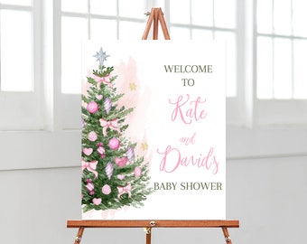 Editable A Little Bundle of Joy Christmas Baby Shower Welcome Sign, Girl Christmas Tree Shower Poster, Pink Christmas Shower Decor, BBS348