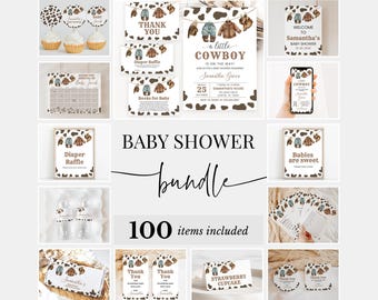Editable A Little Cowboy Baby Shower Bundle, Wild West Baby Shower Invitation Pack, Brown Cowboy Baby Shower Game Package, Rodeo Baby BBS719