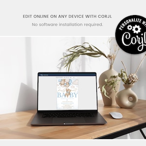 May include: A blue and brown baby shower invitation with a teddy bear holding balloons. The invitation says "It's a Boy!" and has a blue and white cloud background. The invitation is displayed on a laptop screen with the Corjl logo in the top right corner.