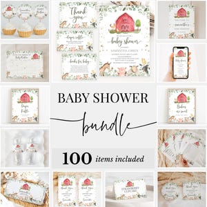 Puede incluir: Un paquete de baby shower imprimible con un tema de granja. El paquete incluye 100 art&iacute;culos, como invitaciones, tarjetas de agradecimiento, etiquetas de comida y juegos. El dise&ntilde;o presenta un granero rojo, hojas verdes y un fondo blanco.
