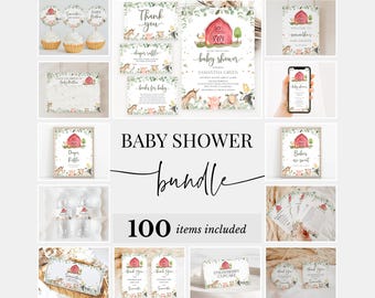 Editable Boy Farm Baby Shower Bundle, Greenery Farm Baby Shower Invitation Pack, Boy Farm Barnyard Baby Shower Games Package, BBS653