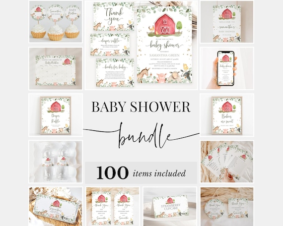 Editable Boy Farm Baby Shower Bundle, Greenery Farm Baby Shower Invitation Pack, Boy Farm Barnyard Baby Shower Games Package, BBS653