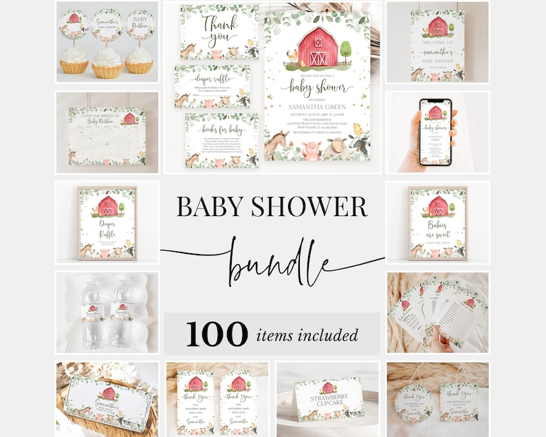 Puede incluir: Un paquete de baby shower imprimible con un tema de granja. El paquete incluye 100 art&iacute;culos, como invitaciones, tarjetas de agradecimiento, etiquetas de comida y juegos. El dise&ntilde;o presenta un granero rojo, hojas verdes y un fondo blanco.