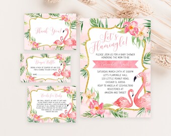 Editable Flamingo Baby Shower Invitation Bundle, Tropical Flamingo Baby Shower Invite, Palm Leaves Flamingo Baby Shower Invitation, BBS151