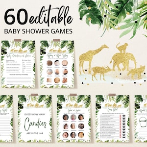 Paquete de juegos editables para baby shower con temática de safari en la jungla verde y dorada, juegos para baby shower con temática de safari en la jungla verde, paquete de juegos para baby shower con animales de safari para niños, BBS192
