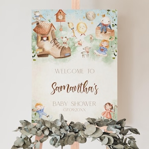 Bearbeitbares Kinderreim-Babyparty-Willkommensschild, Märchenbuch-Charakter-Babyparty-Poster, Buchcharakter-Kinderzimmer-Babypartydekor, BBS1001