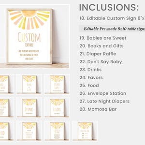 Puede incluir: Un letrero enmarcado con un dise&ntilde;o de sol en acuarela en tonos amarillos y melocot&oacute;n. El letrero dice "CUSTOM TEXT HERE" e incluye letreros m&aacute;s peque&ntilde;os con texto como "Babies are Sweet" y "Drinks".