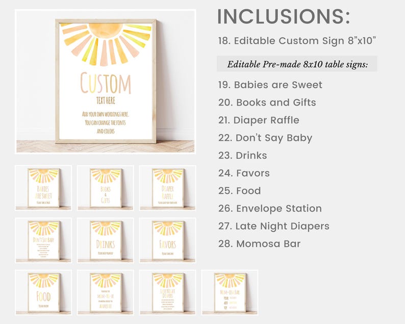 Puede incluir: Un letrero enmarcado con un dise&ntilde;o de sol en acuarela en tonos amarillos y melocot&oacute;n. El letrero dice "CUSTOM TEXT HERE" e incluye letreros m&aacute;s peque&ntilde;os con texto como "Babies are Sweet" y "Drinks".