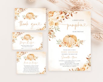 Editable Little Pumpkin Baby Shower Invitation Bundle, Fall Rustic Pumpkin Baby Shower Invite, Gender Neutral Pumpkin Baby Shower, BBS444