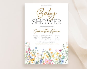 May include: Baby shower invitation with a floral design. The invitation has the words "Baby Shower" in gold script, the name "Samantha Green", and event details. A border of colorful wildflowers decorates the bottom.