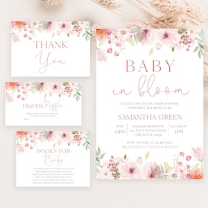 Editable Pink Spring Flowers Baby in Bloom Baby Shower Invitation Bundle, Girl Floral Baby Shower Invite Pack, May Flowers Invite, BBS605