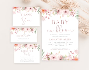 Editable Pink Spring Flowers Baby in Bloom Baby Shower Invitation Bundle, Girl Floral Baby Shower Invite Pack, May Flowers Invite, BBS605