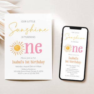 May include: A digital invitation for a first birthday party. The invitation features a yellow sun with orange rays and the text "Our Little Sunshine is Turning One". The invitation is for Isabel's 1st birthday and includes the date, time, and location of the party.
