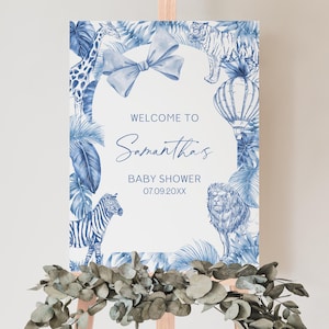 Editable Boy Blue Chinoiserie Safari Baby Shower Welcome Sign, French Toile Jungle Baby Shower Poster, Toile De Jouy Decor, BBS1101